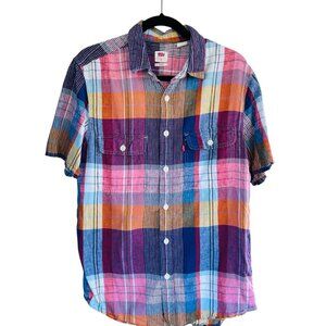 Levi's Men's Linen Blend Shirt Size S Small Short Sleeve Button-Up Orange Blue